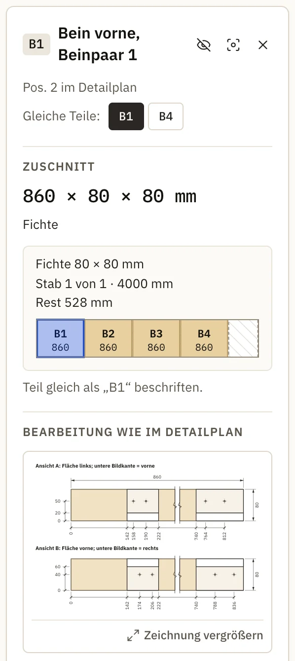 Karte der Bauhilfe zum Bein B1: Zuschnitt 860 × 80 × 80 mm aus Fichte, Lage im Stab und Bearbeitung wie im Detailplan