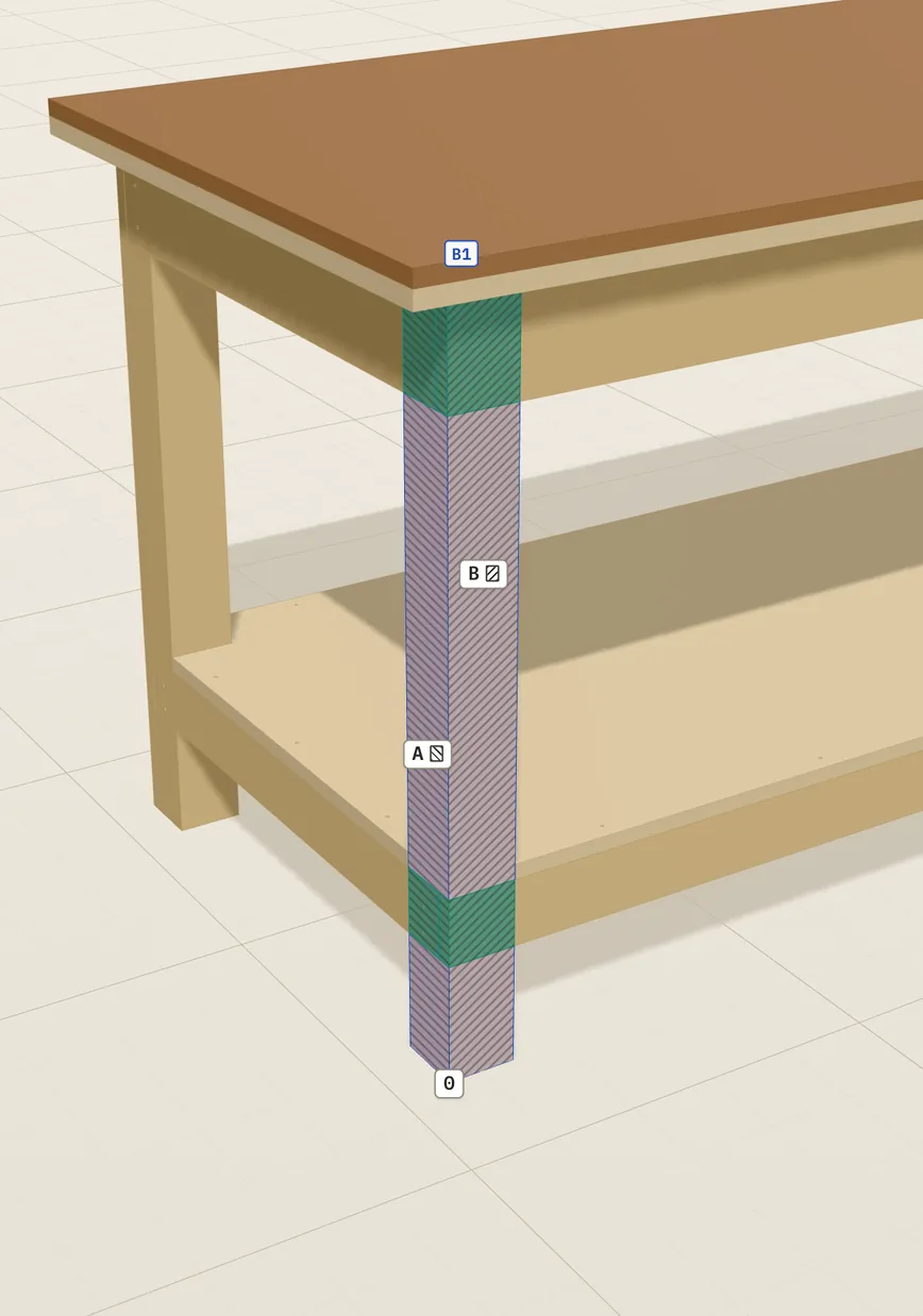 Bouwhulp in het 3D-model: de aangeklikte poot B1 is gemarkeerd, met de zijden A en B en het nulpunt 0