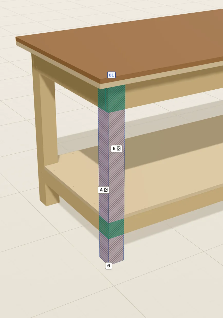 Bauhilfe im 3D-Modell: das angeklickte Bein B1 ist farbig markiert, mit den Flächen A und B und dem Bezugspunkt 0