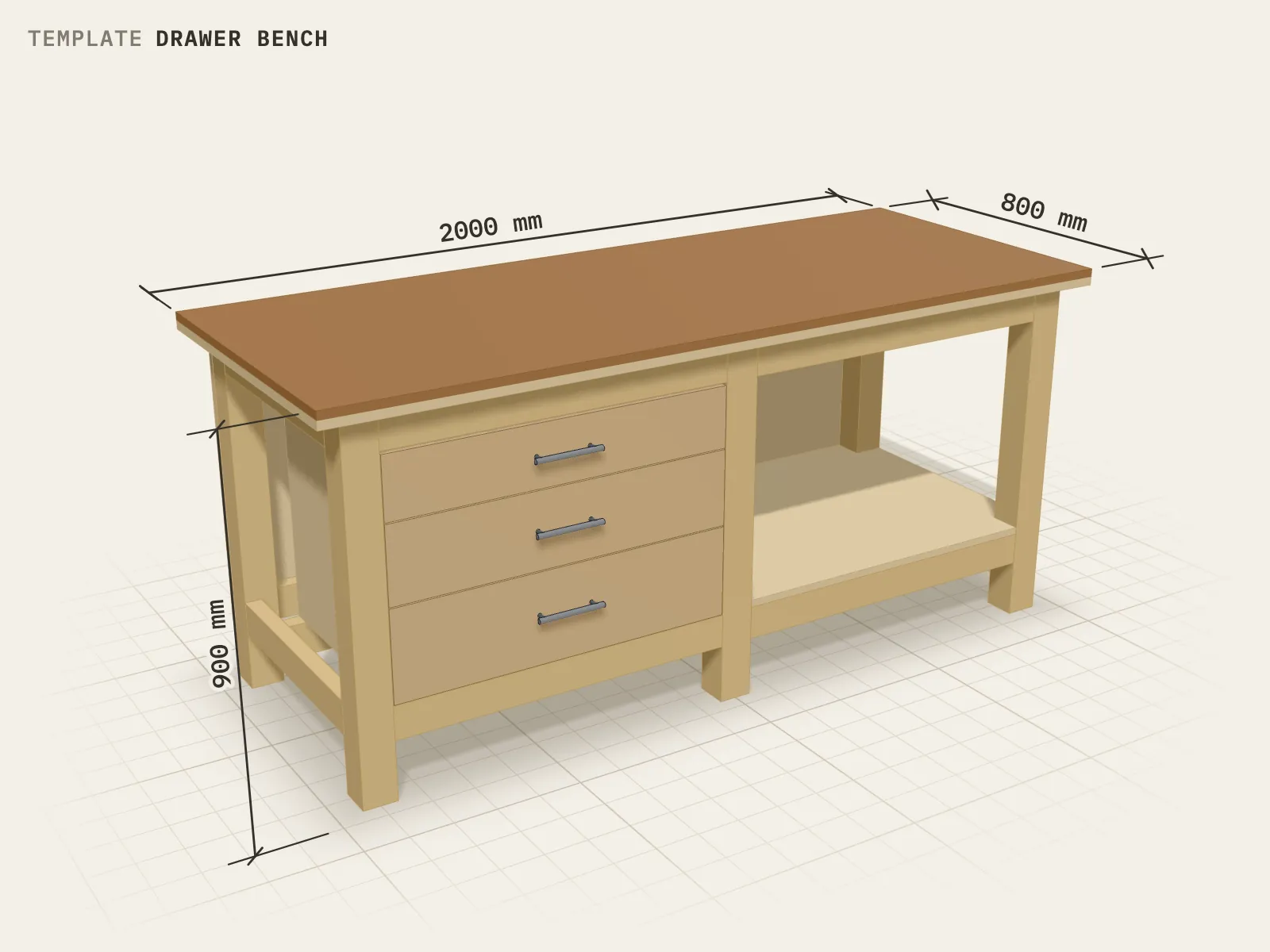 3D model of a workbench with drawers in the workbench planner, with dimension lines for length, depth and height