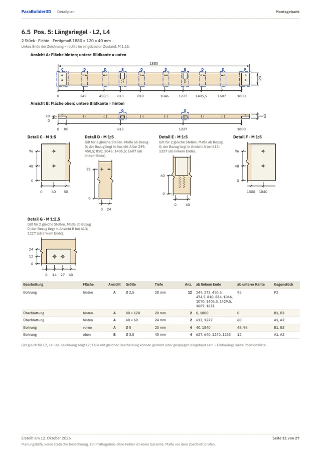 Seite aus dem Detailplan: Detailzeichnung eines Teils mit Maßen, Bohrungen und Verbindungen