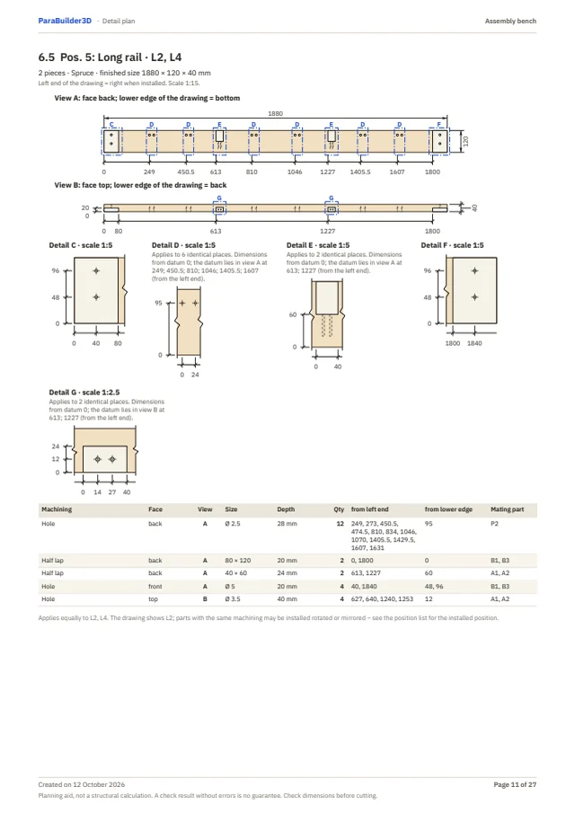 Pagina uit het detailplan: detailtekening van een onderdeel met maten, gaten en verbindingen