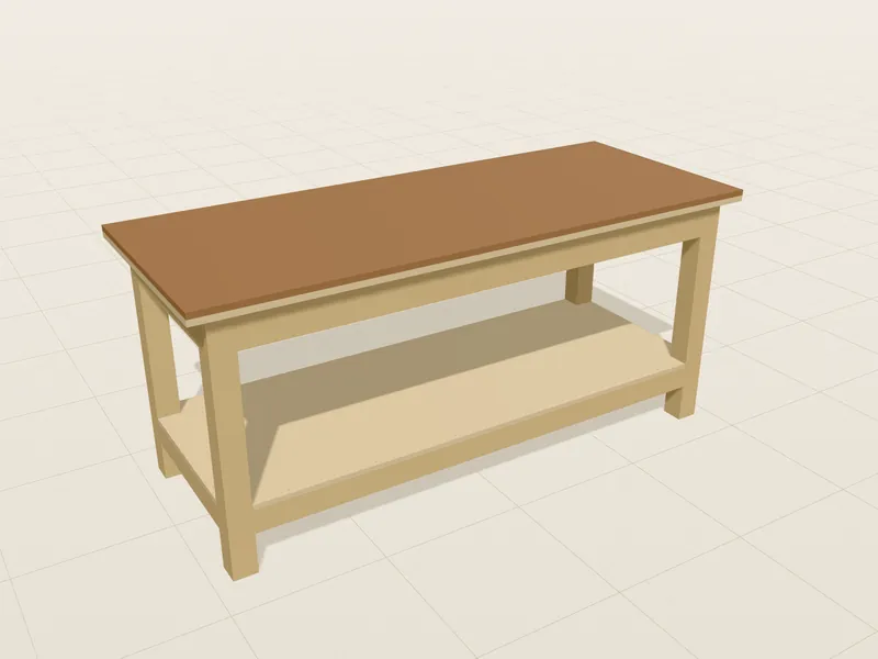 Montagebank im 3D-Modell: Gestell mit Überblattungen und Ablage unten