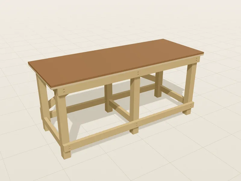 Querrahmen-Werkbank im 3D-Modell: zerlegbares Gestell mit Querrahmen und Diagonalstreben