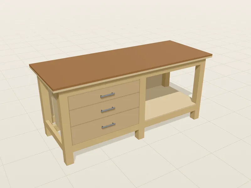 Werkbank mit Schubladen im 3D-Modell: Schubladenmodul, Ablage und Rückwand
