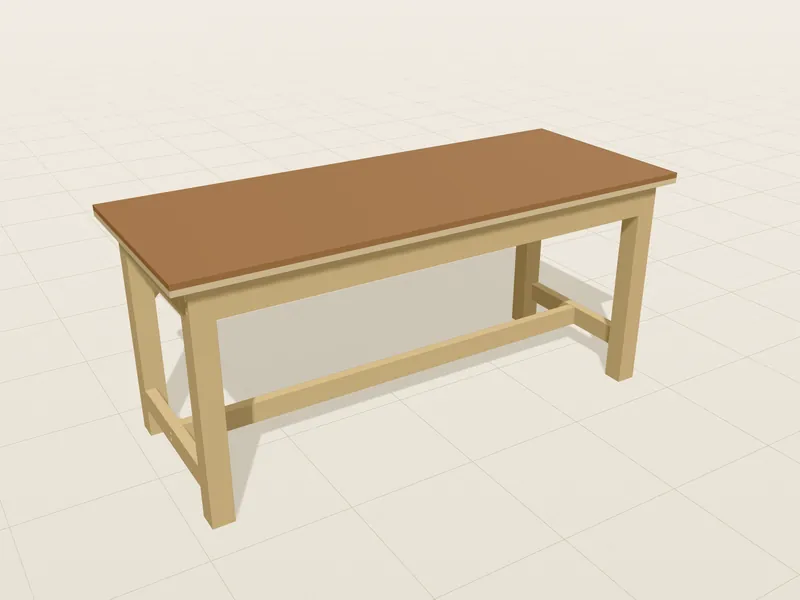 Werkbank mit H-Gestell im 3D-Modell: Mittelträger und Kopfstreben
