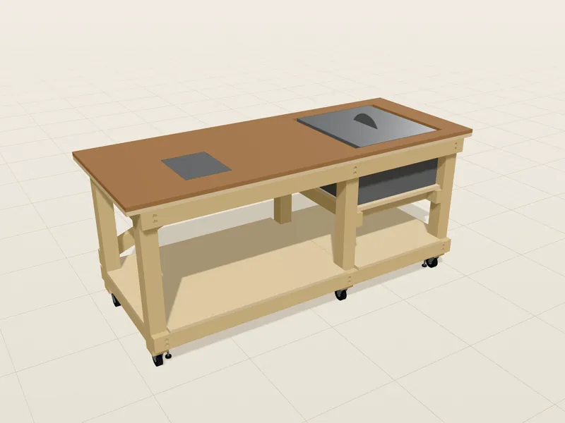 Mobile Maschinen-Werkbank im 3D-Modell: Tischkreissäge, Frästisch und Rollen