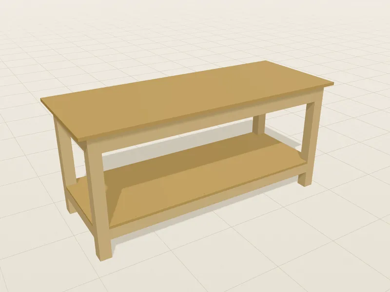 Einfache Werkbank im 3D-Modell: verschraubtes Gestell mit Riegeln zwischen den Beinen, OSB-Platte und Ablage unten