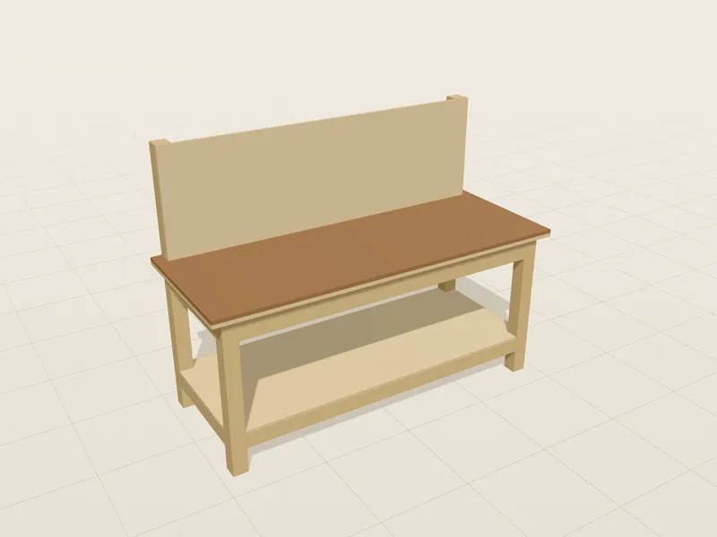 Wandwerkbank im 3D-Modell: Werkbank an der Wand mit Werkzeugwand über der Platte